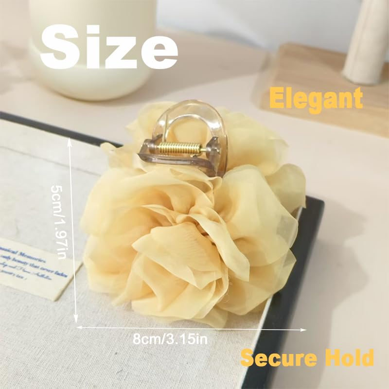 Large Chiffon Rose Flower Hair Claw Clips Boho Mesh Floral Hair Pins Barrettes Strong Hold Non-Slip Beach Vacation Hair Accessories for Women (Yellow Rose Flower Hair Clips) - color: Yellow Rose Flower Hair Clips