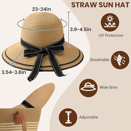 Beach Hats for Women, Wide Brim Sun Straw Hat for Women, Sun Hat UPF 50+ UV Protection - color: Brown Hat