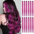 12pcs Clip in Pink Purple Hair Extensions, 22 Inch Rainbow Hair with Silver Tinsels,Colorful Holiday Party Highlights for Women - color: Rose Purple