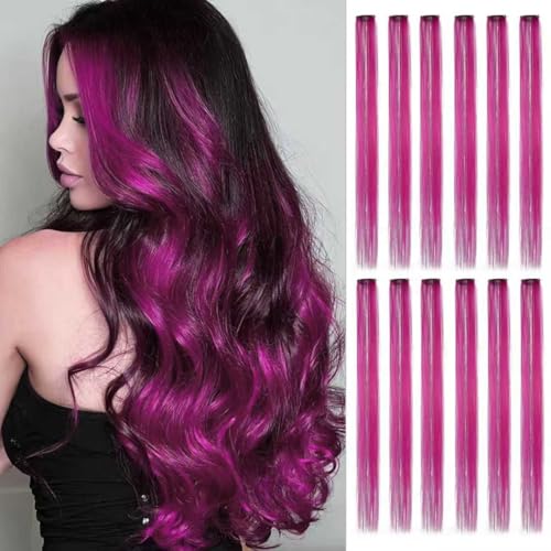 12pcs Clip in Pink Purple Hair Extensions, 22 Inch Rainbow Hair with Silver Tinsels,Colorful Holiday Party Highlights for Women - color: Rose Purple