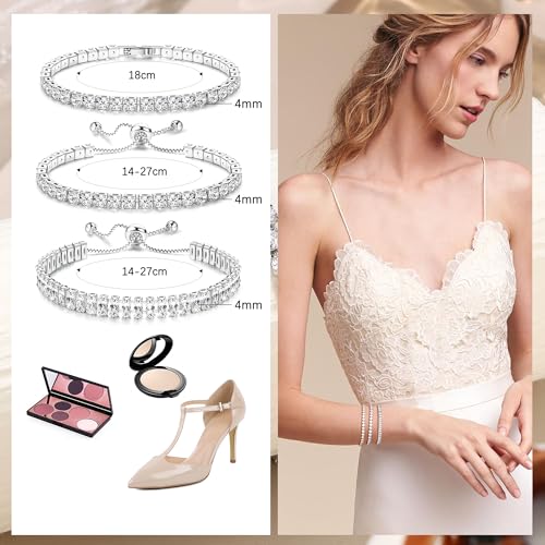 YADOCA Tennis Bracelets For Women - Silver Plated Bracelet Stack Cubic Zirconia CZ Diamond Adjustable Stackable Bracelets Set For Prom Wedding Jewelry Gift 3Pcs - style: B:Simple