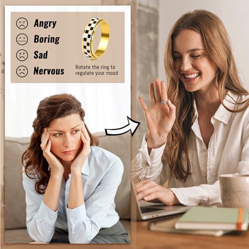 FEYIR 8 Pcs Fidget Rings for Women Anxiety Spinner Stainless Steel CZ Band Ring Spinning Rings Set for Anxiety - color: 9pcs-Gold