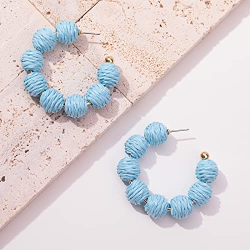 Raffia Hoop Earrings Statement Boho Beaded Earrings Cute Rattan Handmade Colorful Jewelry for Women Unique Summer Outfits - color: Light Blue
