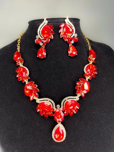 Women Jewelry Set Rhinestone Crystal Bride Statement Choker Necklace Teardrop Cluster Dangle Earrings Set for Wedding Prom Party - color: redness