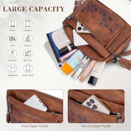 MEITRUE Crossbody Bags for Women, Vegan Leather Crossbody Purse Trendy Multi Pockets Shoulder Handbag with Tassel - color: 06-caramel Brown