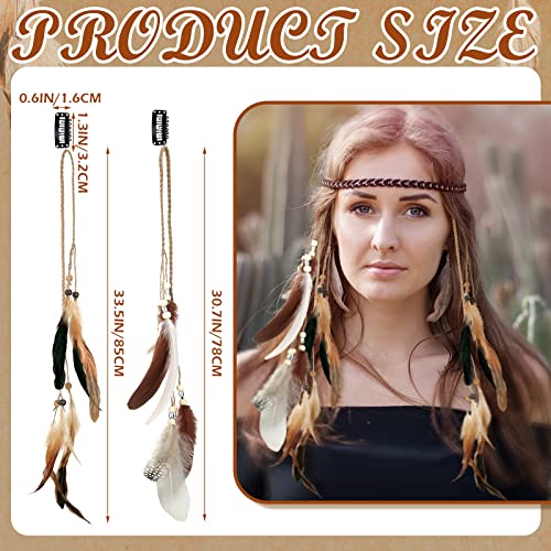 Bencailor 8 Pcs Feather Hair Clips Hippie Handmade Boho Hair Extensions with Feather Clip Comb Braided Beads Headdress Hippie Headpiece DIY Pirate Accessories for Women (Fresh Style)
