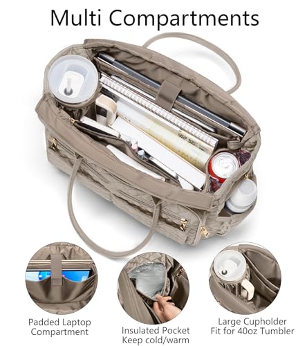Bagstellar Teacher Bags for Women, 15.6 inch Laptop Work Tote Bag Quilted Nurse Bible Computer Shoulder Bag for School Travel | Dream Tote Work Bag - color: Taupe