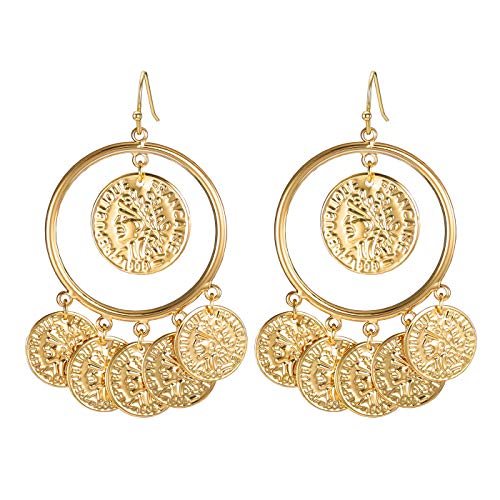 FAMARINE Vintage Tribal Chandelier Portrait Coins Hoop Drop Earrings for Women Costume Jewelry - color: Gold