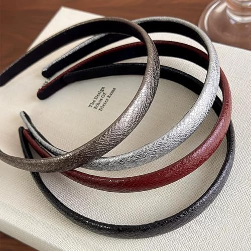 4 Pack Skinny Faux Leather Headbands for Women, Metallic Textured Thin Hair Bands, Non-Slip Lined Hard Hair Hoops, Elegant Vintage Hair Accessories for Girls Daily Wear & Party - color: Metallic Leather