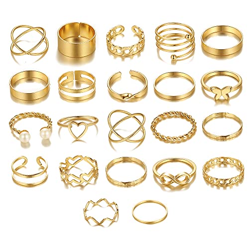 Knuckle Stackable Black Rings for Women Black Stacking Ring Set Vintage Boho Ring Set Butterfly Heart Pearl Rhinestone Stackable Statement Rings for Women - color: 22PCS gold 2