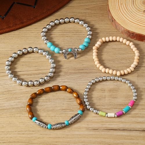 Western Turquoise Beaded Bracelet Stack - Vintage Cowgirl Stretch Set with Bull Skull, Feather & Boot Charms, Handmade Boho Jewelry for Rodeo, Country Concerts & Casual Western Outfits - style: Crescent