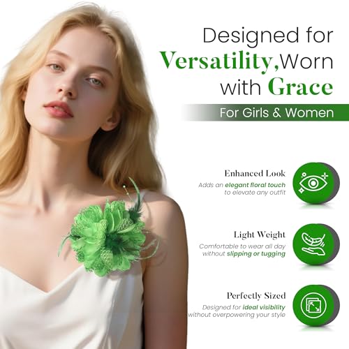 4.72 Inches Rose Hair Clip Flower Brooch Pin & Floral Clips for Woman | Glamorous Large flower Brooches for Women | Fabric Flowers Brooch Pin, Lapel Pins & Rose Hair Clips for Women (Green) - color: Green