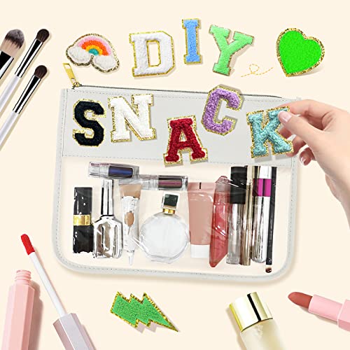 LOKFAR Nylon Makeup Bag DIY Chenille Letter Clear Travel Zipper Pouch, Preppy Makeup Bag Clear Cosmetic Bag, Water-proof Makeup Travel Pouch Snack Bags for Women (White) - color: White