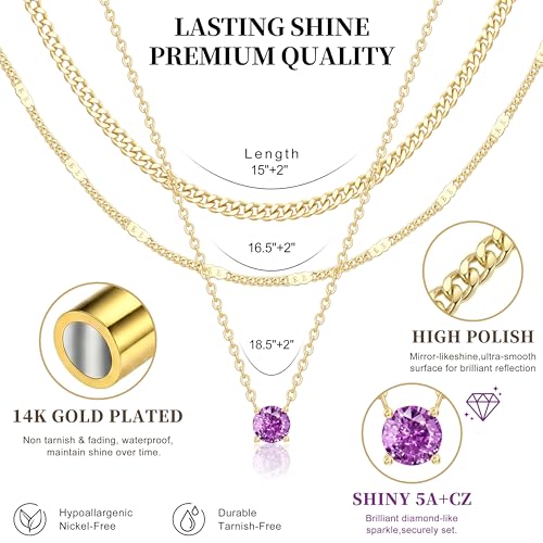 WomenGifts Layered Gold Necklaces for Women, 14K Gold Sterling Silver Plated Dainty Pendant Necklace Set Non Tarnish, Chunky Stackable Cuban Chain Choker, Trendy Birthstone Vacation Jewelry Gift - color: Gold, style: Cubic Zirconia-Created Alexandrite-Jun