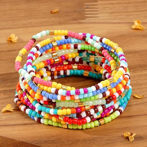 Colorful Stackable Seed Beaded Bracelets Set For Women, Boho Handmade Trendy Cute Stretch Accessories ball Glass Versatile Candy Jewelry, Summer Beach Daily Party Holiday Friendship Gift - color: Rainbow