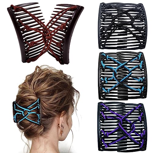 4 Pieces Elastic Beaded Magic Hair Comb Stretchy Double Comb Hair Fork Clips No Crease Hairpins Combs for Women Girls Vintage Hairstyle Multipurpose Hair Accessories, 4 Color (Classic Style) - color: Brown, black, blue, purple