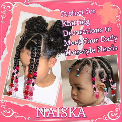 NAISKA 60PCS Pink Hair Beads for Braids Hot Pink Bead Loc Dreadlock Jewelry Multi-style Large Hole Beads Cute Flower Valentine's Day Hair Accessories for Kids Girls - color: Pink & Rose Red & Red
