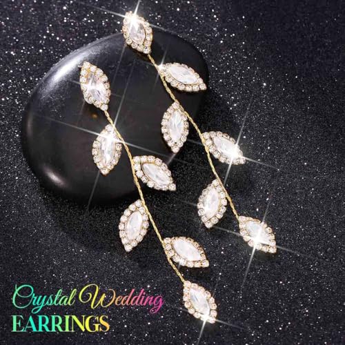 Catery Crystal Wedding Earrings Rhinestones Dangling Earrings Leaf Bridal Ear Jewelry for Brides and Women - color: Gold