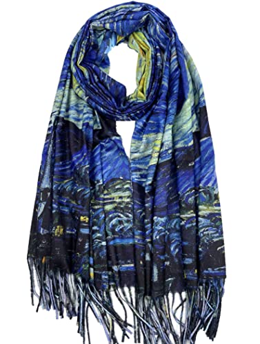 VENVSBEE Reversible Scarf Soft Large Shawl Wrap Blanket Double Sided Art Print Warm Pashmina Stoles Klimt Van Gogh Gifts - color: Art 02