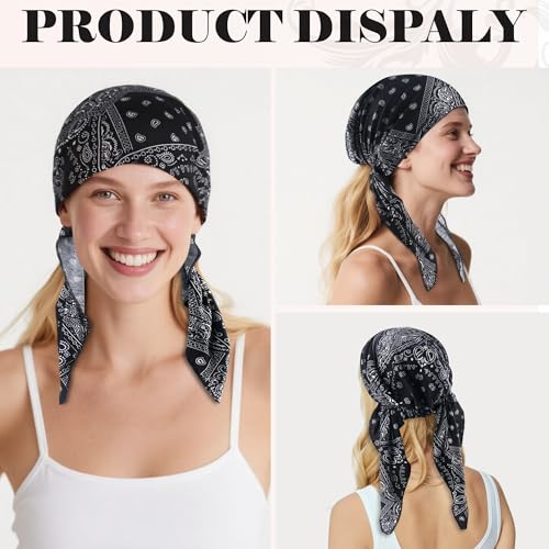 Ababalaya Chemo Headwear for Women Softer Headcover with Longer Tails, Breathable Skull Cap Non-Slip Sleep Beanie - color: Blackpaisley