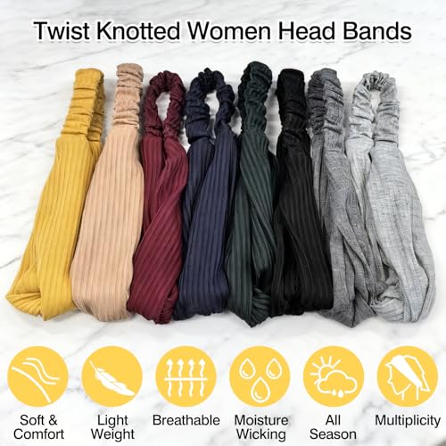 Twist Knotted Boho Headbands for Women – Stretchy Non-Slip Criss Cross Turban Hair Bands, Striped & Solid Color Vintage Yoga Workout Headwraps, 8-Piece Set ﻿