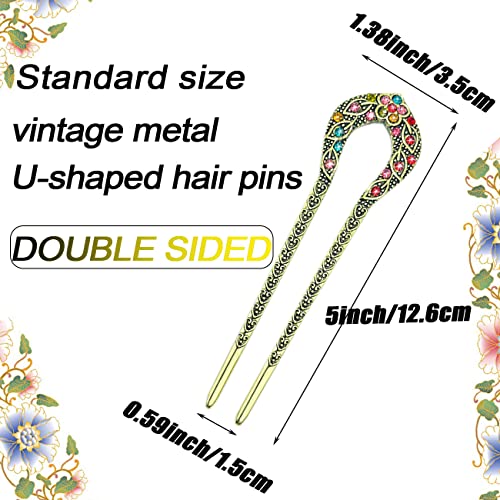 4 Pieces French Hair Pins, Metal U Shaped Hairpins, Vintage Double Prong Hair Forks Stick with Rhinestone Crystal, French Long Hair Hairstyle Accessories for Women