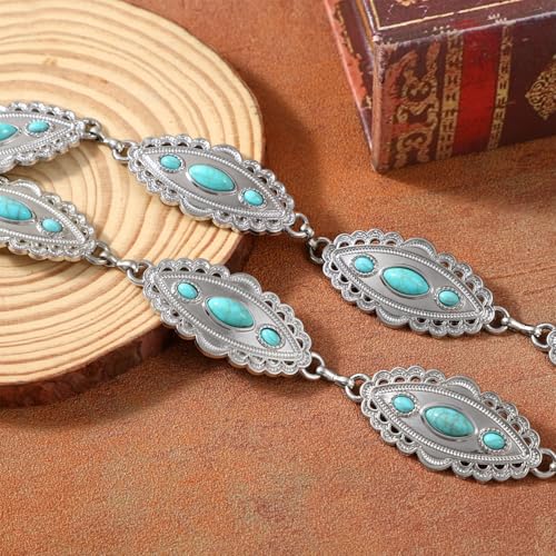 XZQTIVE Women Boho Chain Belts For Dresses Jeans Western Cowgirl Waist Links Belt Adjustable Metal Concho Belt - size: Fit Waist upto 36inches, style: Turquoise Bright Silver