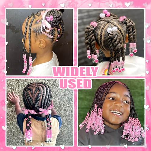 NAISKA 100PCS Pink Hair Beads Multiple Pony Beads for Braids Heart Loc Dreadlock Bead Flower Bead Set Cute Braids Accessories for Kids Girls - color: Pink
