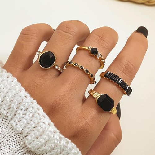 Black Obsidian Ring Stackable Gold Tone Oval Black Stone Statement Ring for Women Party Date Night Jewelry Gift - color: A1:black obsidian rings
