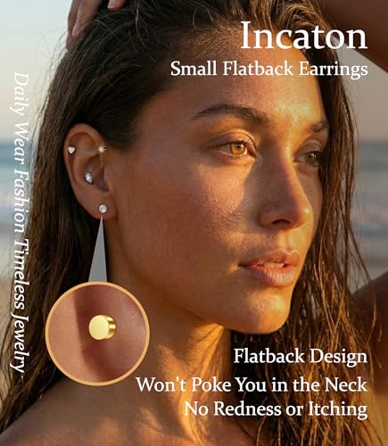 Incaton Hypoallergenic Flat Back Earrings for Women Silver 14K Gold Plated Surgical Stainless Steel Stud Earrings Cubic Zirconia Cartilage Studs Earrings For Multiple Piercing Sensitive Ears - color: GOLD