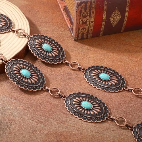 XZQTIVE Women Boho Chain Belts For Dresses Jeans Western Cowgirl Waist Links Belt Adjustable Metal Concho Belt - size: Fit Waist upto 36inches, style: Red Bronze