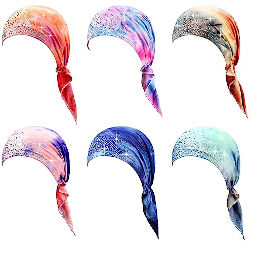 Geyoga 6 Pack Rhinestone Head Scarf for Women, Sequin Pre Tied Head Wraps, Stretchy Turban Cap for Hair Loss & Daily Wear(Tie Dye Style) - style: Tie Dye Style