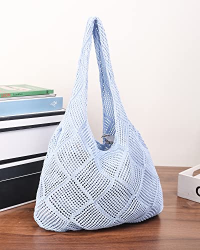 Crochet Mesh Beach Tote Shoulder Handbags Hobo Summer Aesthetic Women's Bag - color: Blue