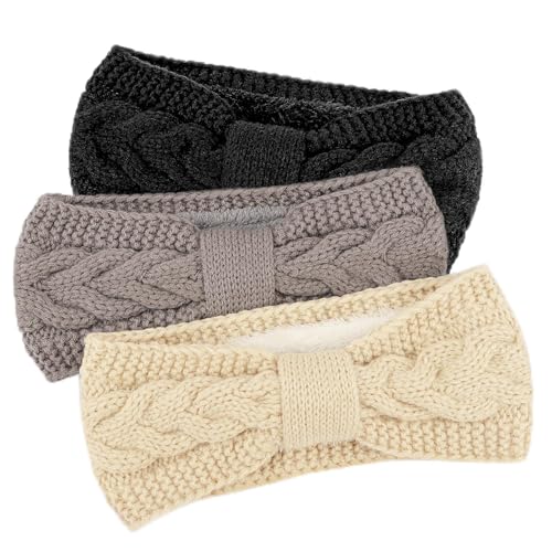 DRESHOW Crochet Ear Warmer Headband Soft Knit Chunky Turban Stretch Thick Headbands Warmer Fuzzy Head Wrap for Women - color: 3 Pcs Knot Style: Ivory White, Light Grey, Black