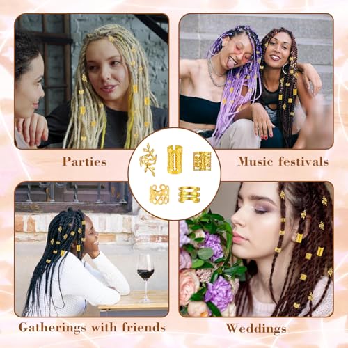 50Pcs Adjustable Metal Hair Cuffs and Rings for Braids, Bohemian Princess-inspired Gold Hair Jewelry Set for Women, Festival Party Dreadlock Decorations
