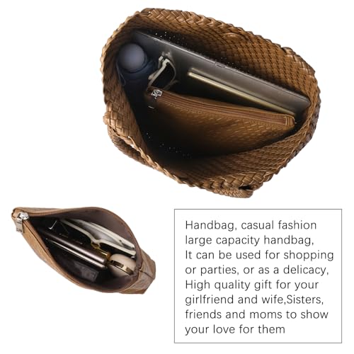 Hand Woven Bag Tote BagS For Women Top Handle Shoulder Vegan Leather Large Travel Beach Hobo Handbag - color: Brown