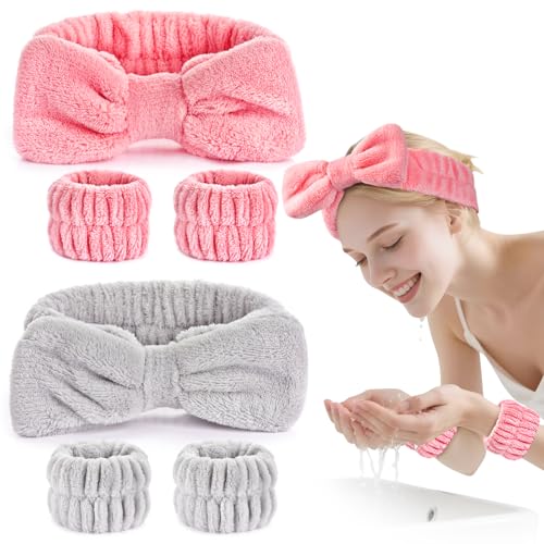 Dorbetar 6Pack Headband and Wristband Set for Washing Face, Spa Skincare Makeup Headband, Soft Puffy Hair Band Bow Tie, for Women and Teen Girl Trendy Stuff Gifts - color: light gray+Bean Pink
