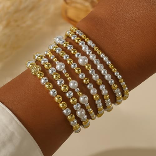 Gold Bracelets for Women Stackable 14K Gold Silver Plated Beaded Bracelets Stack Elastic Stretch Non Tarnish Bead Ball Stack Stretch Adjustable Dainty Jewelry Trendy Prom Gifts for Women - color: 7pcs-Pearl