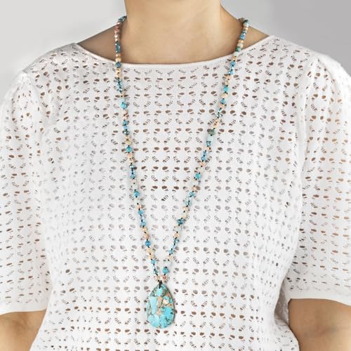 Long Necklaces for Women Boho, Oval Waterdrop Turquoise Pendant, Natural Stone Beaded, Handmade,Vintage & Elegance, Boho Fashion Charm Beaded Necklace for Women - style: B-Turquoise Pendant