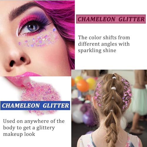 MEICOLY Chameleon Light Pink Body Glitter,Chunky Face Glitter for Halloween,Color Changing Mermaid Face Glitter Gel,Holographic Glitter Sequin for Face Body Hair,Festival Party Cheer Glitter Makeup - color: chameleon light pink body glitter