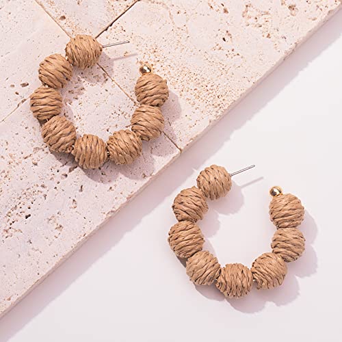 Raffia Hoop Earrings Statement Boho Beaded Earrings Cute Rattan Handmade Colorful Jewelry for Women Unique Summer Outfits - color: Wheat