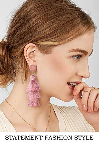 Me&Hz Colorful Layered Tassel Earrings Bohemian Statement Tiered Tassel Big Dangle Drop Earrings for Women Druzy Studs Valentine’s Day Gift - color: Blush Pink