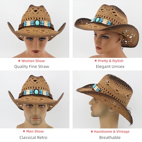 Straw Cowboy Hat, Western Cowgirl Hat, Wide Brim Sun Beach Hat for Men and Women - color: Khaki-m20