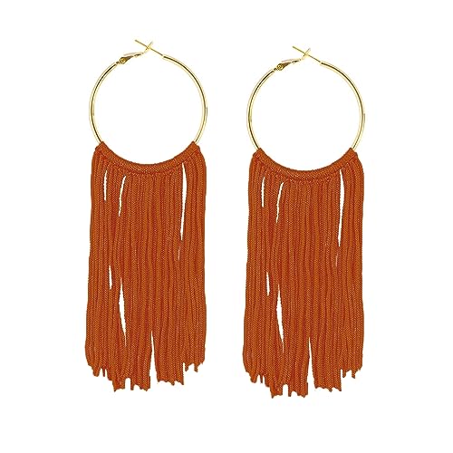 Boho Long Tassel Dangle Earrings for Women Lightweight Circle Hoop Silky Thread Fringe Drop Statemen Earrings - color: orange brown