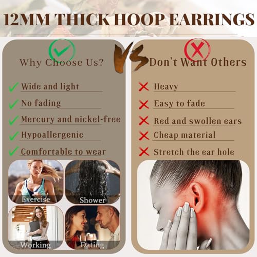Senteria 12mm Wide Thick Hoop Earrings 925 Sterling Silver Hoop Earrings for Women Hypoallergenic 14K Real Gold Plated Hoops Large Earring Lightweight Chunky Hoops Earring for Women 25/30/40/50MM - color: Black-25mm