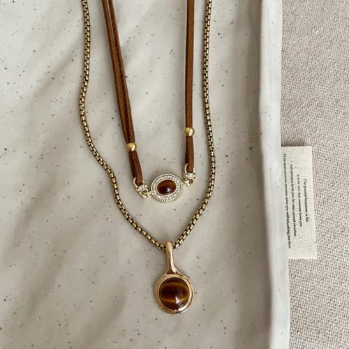 Tiger Eye Necklace for Women Vintage Gold Tiger Eye Brown Stone Pendant Layered Stack Beaded Necklace Elegant Vintage Boho Jewelry - style: SetB
