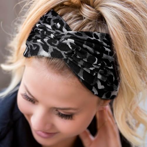 AQOKKA Extra Wide Headbands for Women Large Turban Headband Non Slip Boho Elastic Hairband Hair Twisted Knot Head Bands Accessories - color: 4 Pcs: Leopard Print + Solid Color