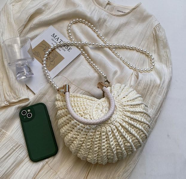 Handmade Crochet Tote Bag Seashell Purse for Women Boho Shell Handbag Crossbody Shoulder Bag Summer Beach Clutch Hobo Handbag - color: Yellow