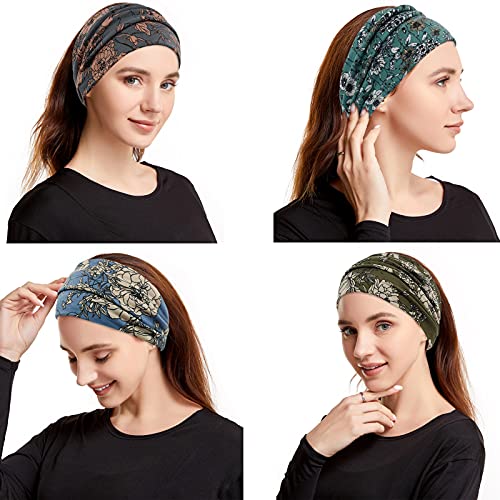 YONUF Wide Boho Headbands for Women Fashion Knotted Headband Yoga Workout Hair Accessories African Head Wrap 4 Pack - color: Flower Print