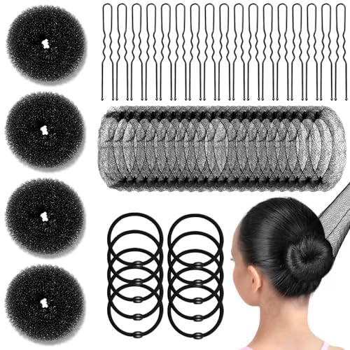 YINGFENG 134 Pcs Black Hair Bun Maker Kit for Kids Small - 4 Hair Donuts for Buns, 20 Hair Nets for Buns, 100 U Shaped Bobby Pins, 10 Hair Bands, for Girls, Ballet Dance, Hair Accessories for Women - color: black, size: Small